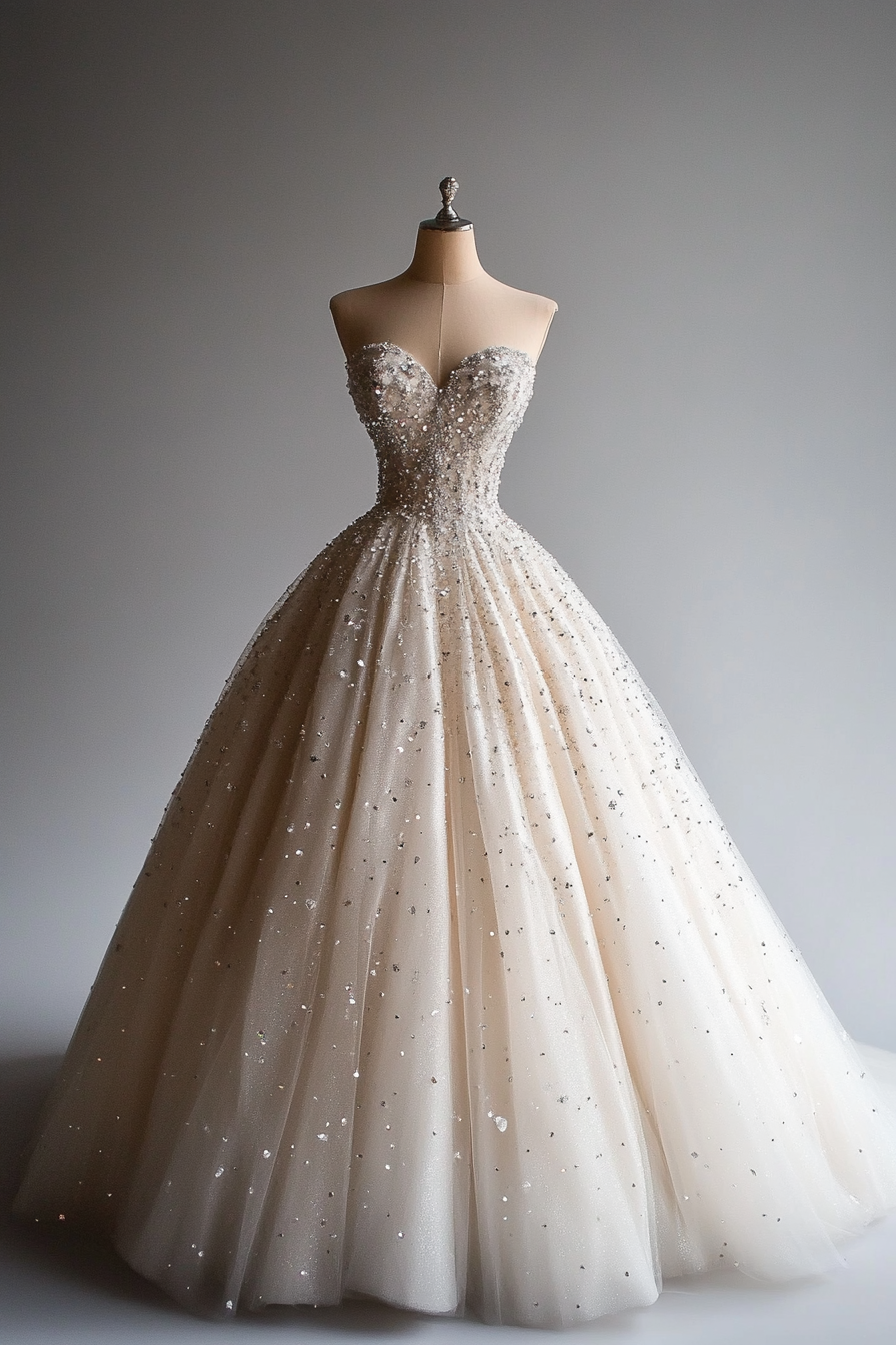 Wedding ballgown. Glittering tulle with crystal-draped bodice.