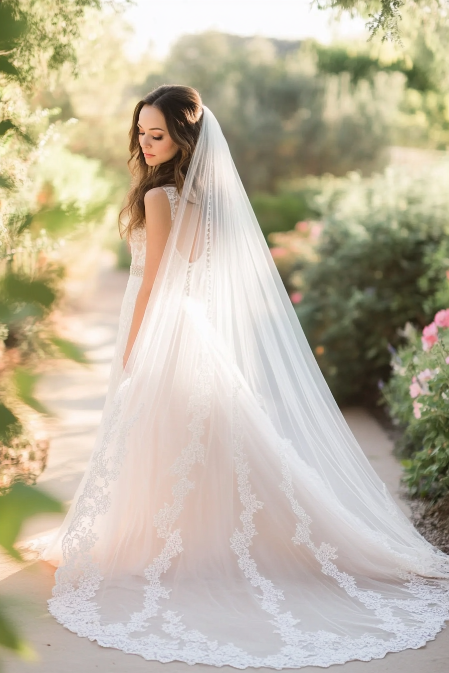 Cathedral length wedding veil. Pearl-dotted lace edges tinged with soft pink.