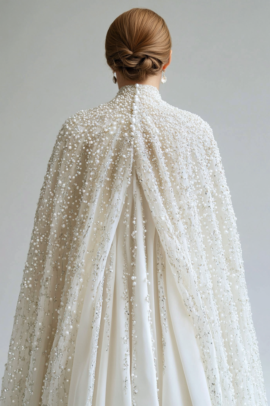 Wedding Cape. Shimmering white with pearl-encrusted ice crystal details.