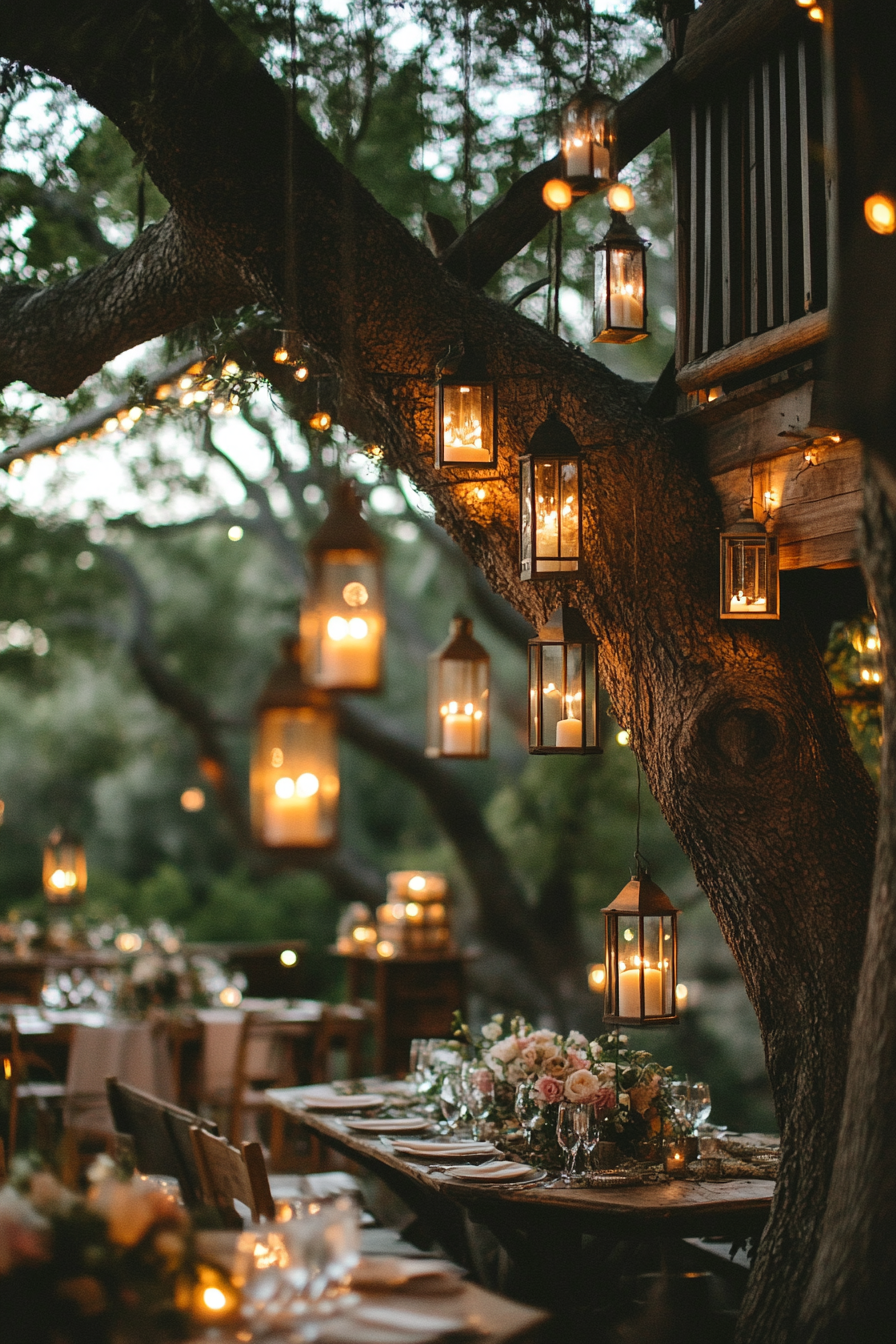 Small wedding venue concept. Treehouse reception with hanging lanterns.