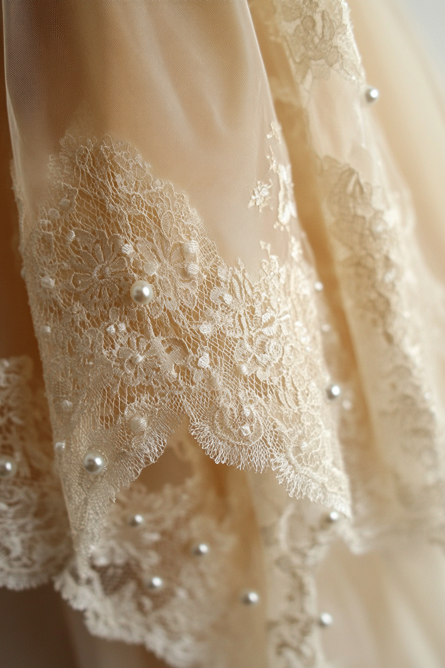 Cathedral-length wedding veil. Pearl-dotted lace edges with subtle champagne tint.