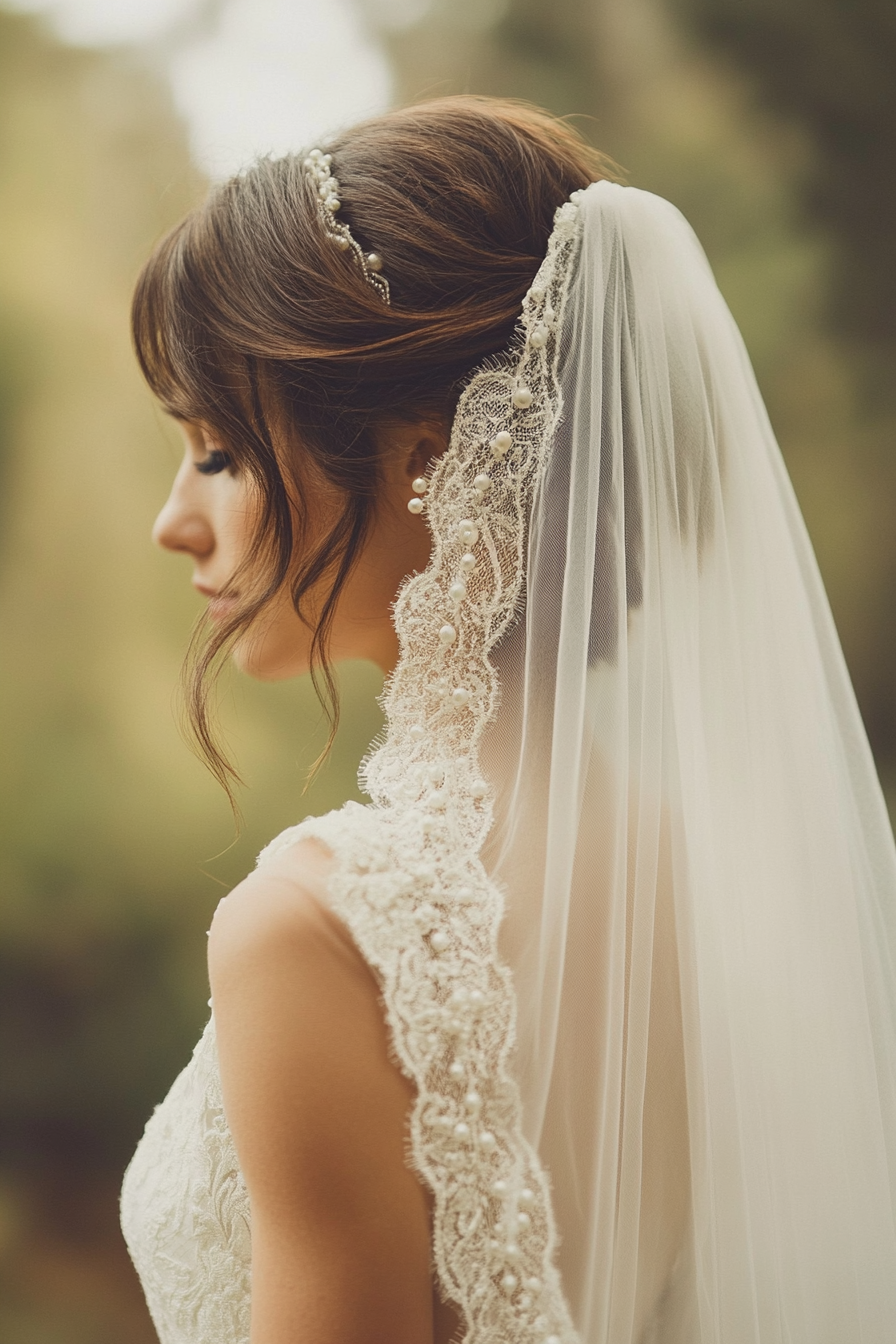 Cathedral length wedding veil. Pearl-dotted lace edges with tiered layers.