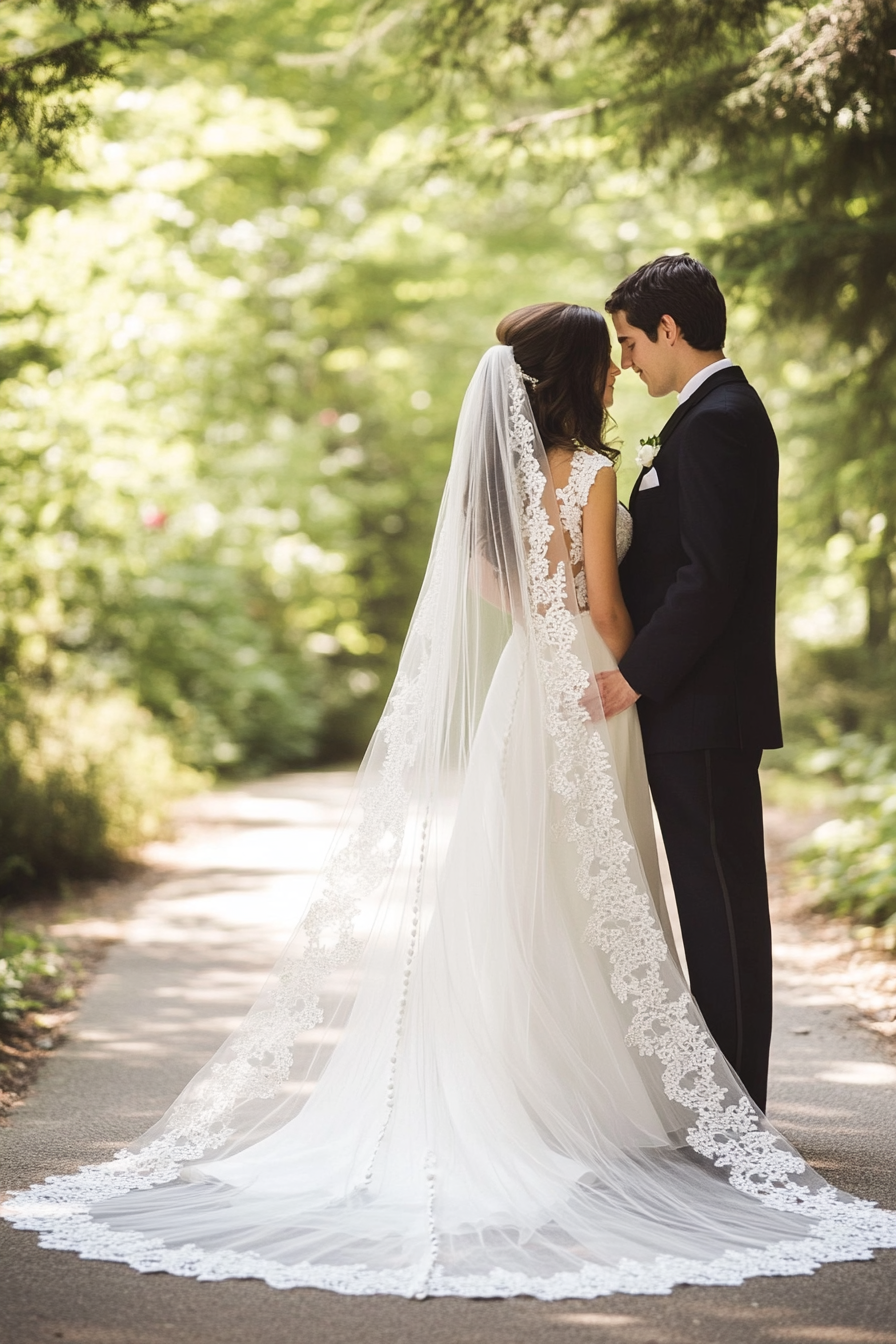 Cathedral length wedding veil. Ivory with pearl-dotted scalloped lace edges.