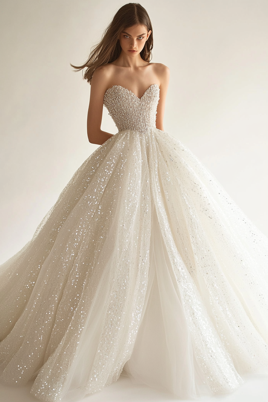 Wedding ballgown. Glittering tulle fabric, crystal-draped bodice.