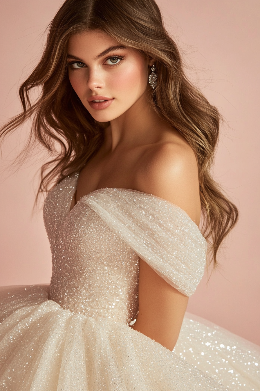 Wedding ballgown. Glittering tulle with crystal-draped spaces, off-shoulder design.