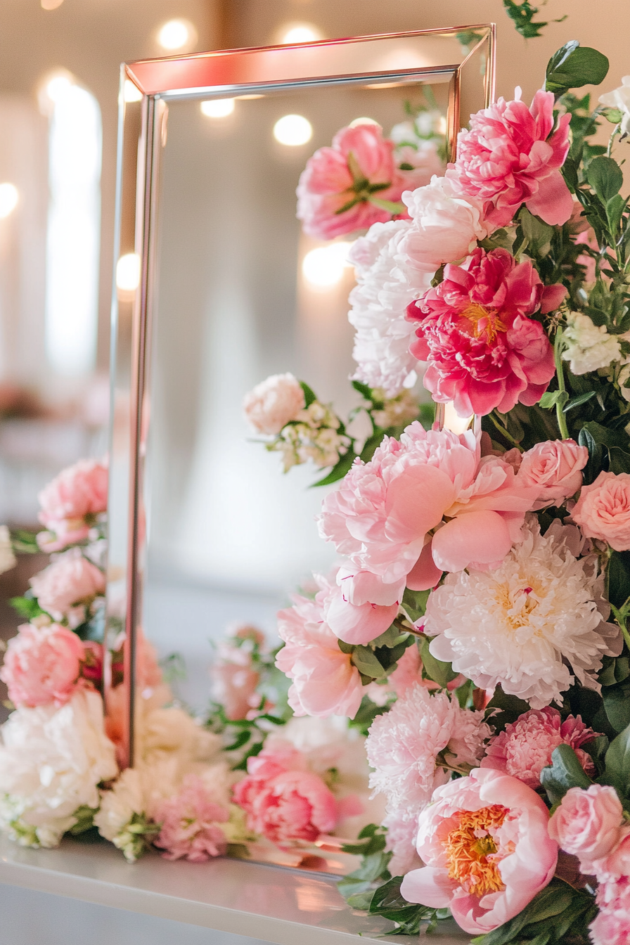 Wedding welcome mirror. Acrylic, rectangular, with floating peony frames.