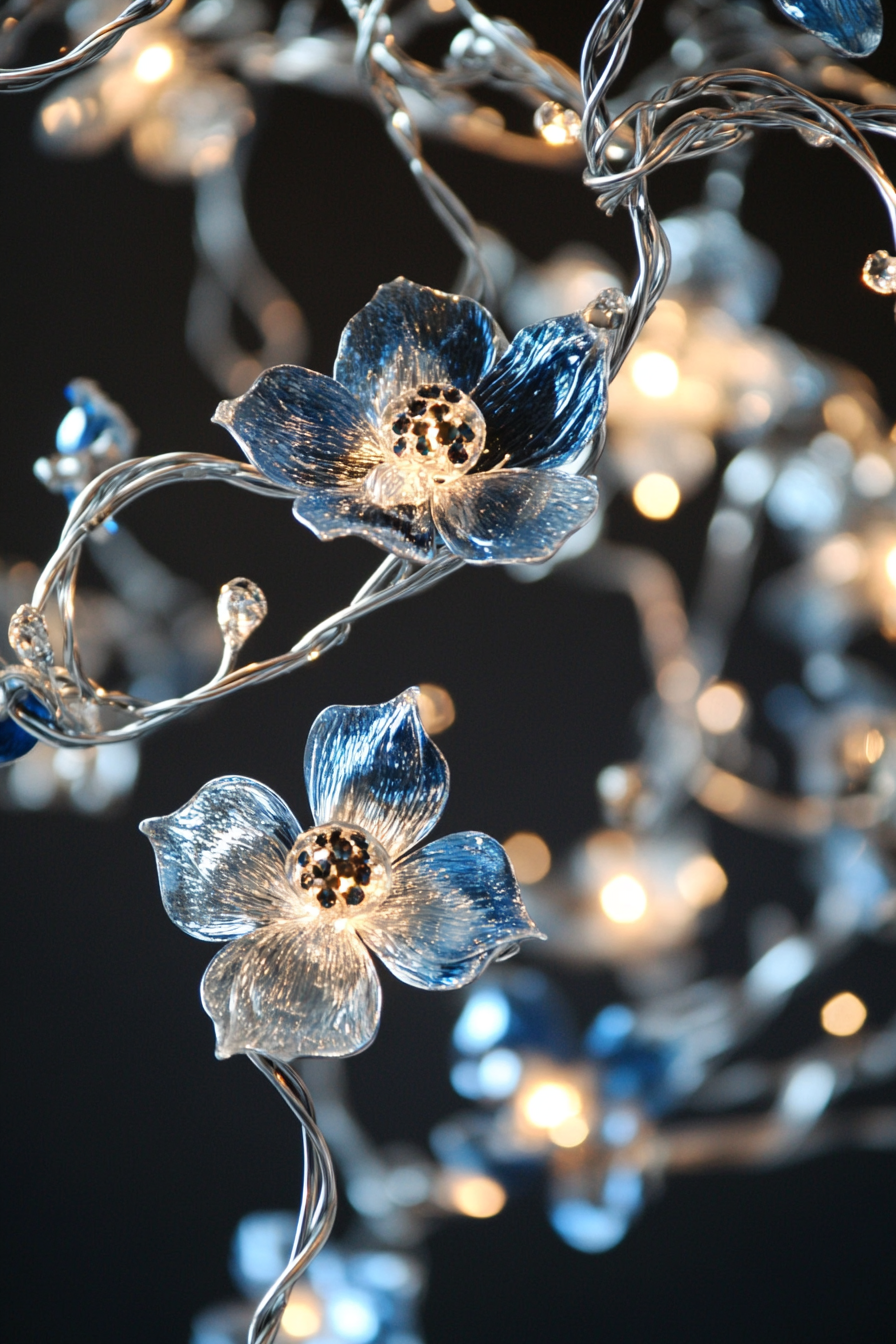 Wedding reception chandelier. twisted silver vines with sapphire crystals and illuminated flowers.