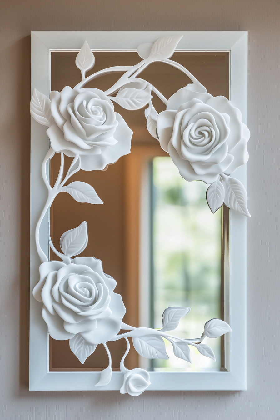 Wedding welcome mirror. Acrylic glass, white floating rose frame.