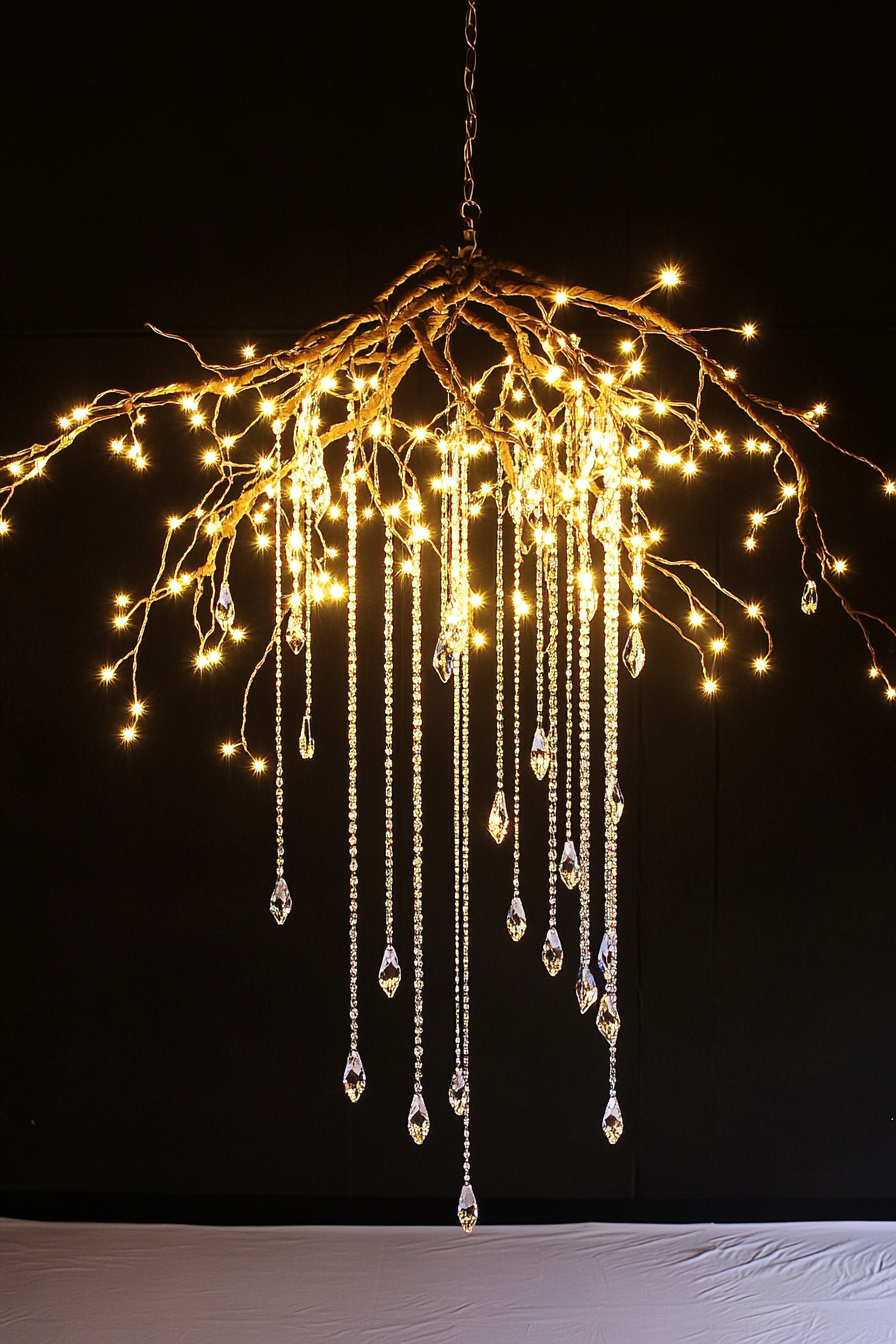 Wedding reception lighting. Crystal chandelier entwined with fairy lights within a twisted vine canopy.