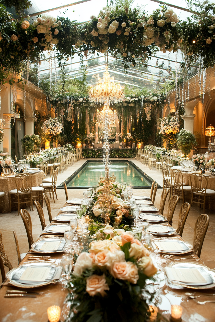 Wedding reception layout. Blooming trellis, symmetrical fountains view.