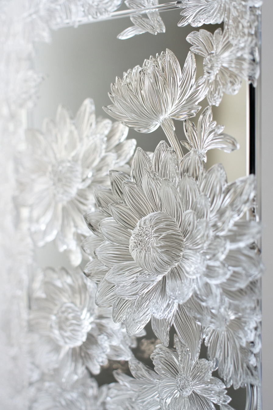 Wedding welcome mirror. Acrylic with floating chrysanthemum frame.