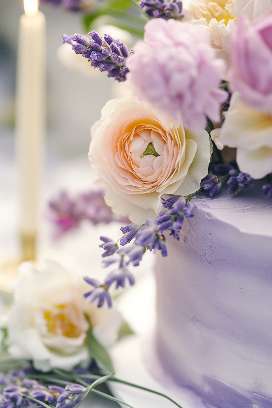 Wedding cake and stationery. Pastel floral designs on a watercolor lavender cake.