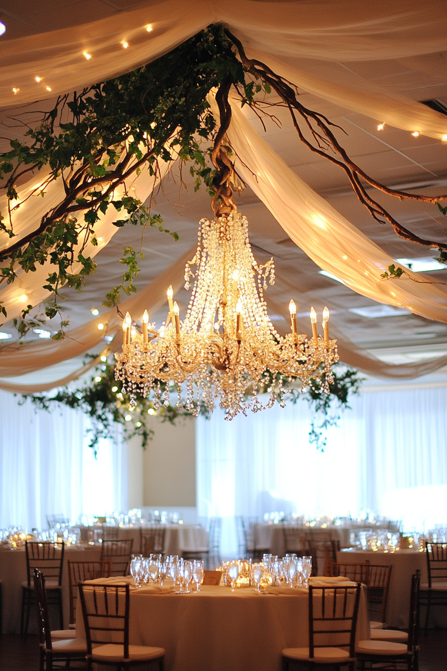 Wedding reception decoration. Crystal chandelier enveloped by a twisted vine light canopy.