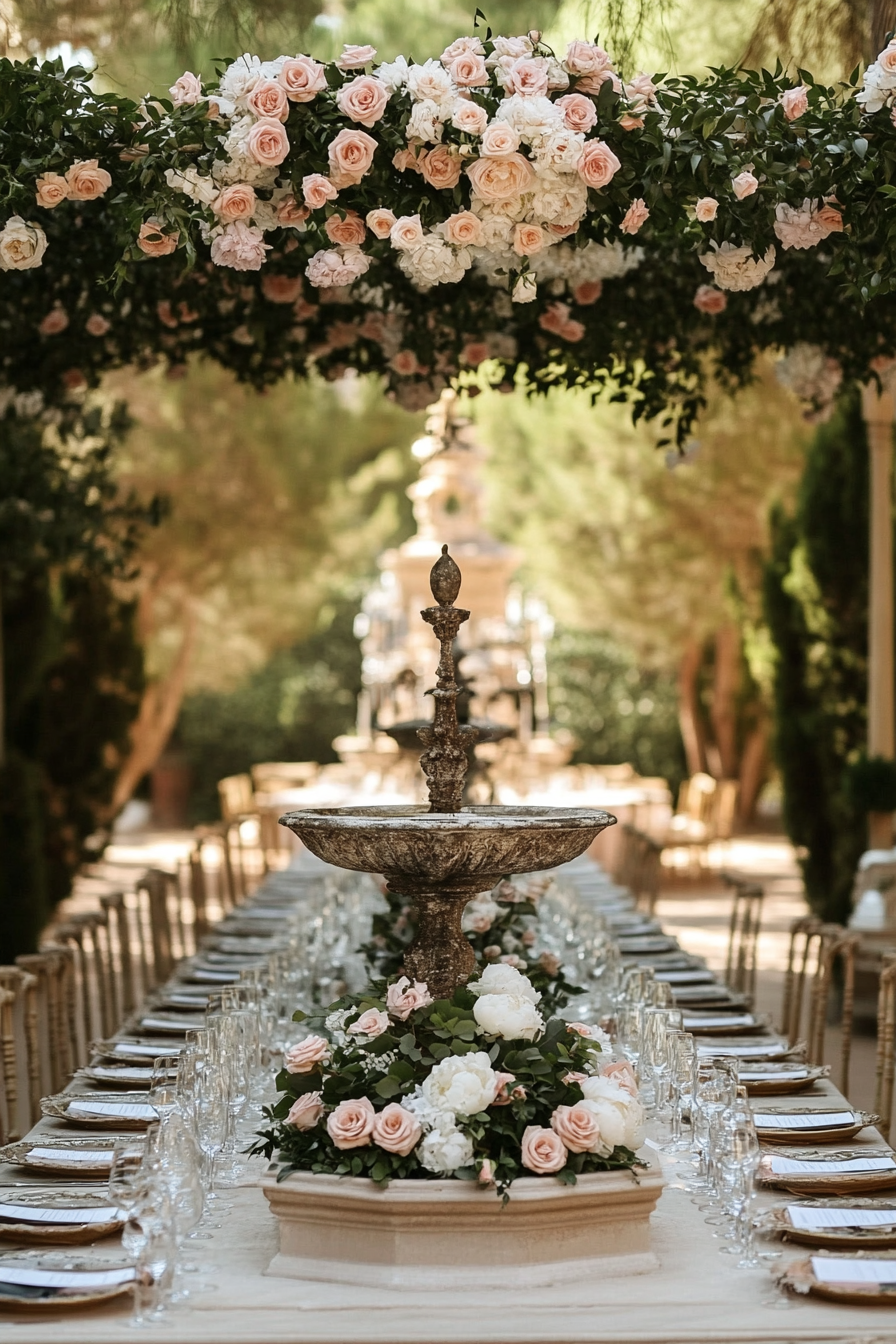 Wedding reception layout. Roses pergola near a baroque-style fountain.