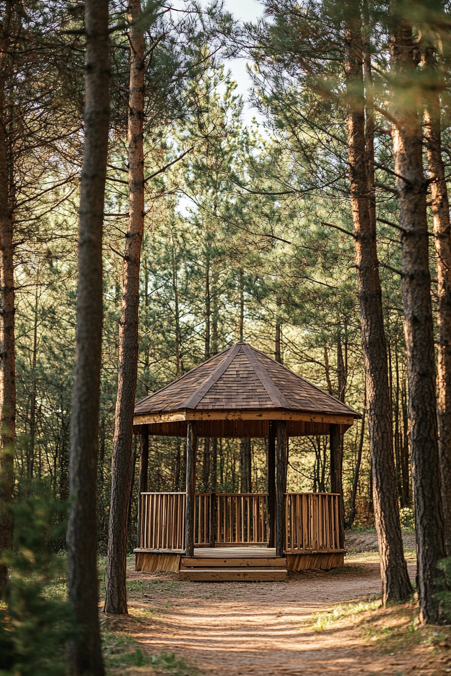 Small wedding venue concept. Wooden gazebo nestled among tall pine trees.