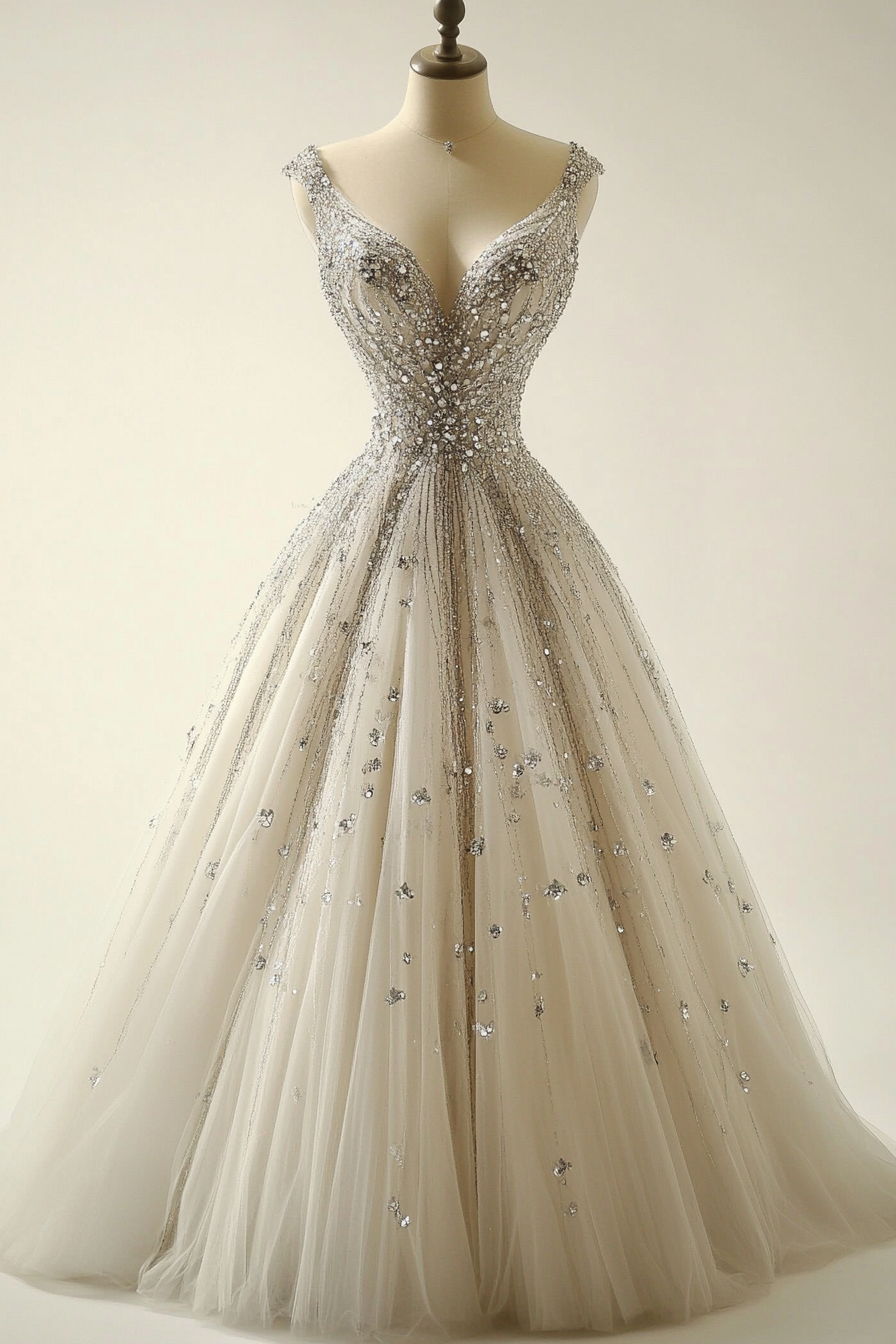 Wedding ballgown. Glittering tulle, trumpet silhouette, crystal-draped bodice.