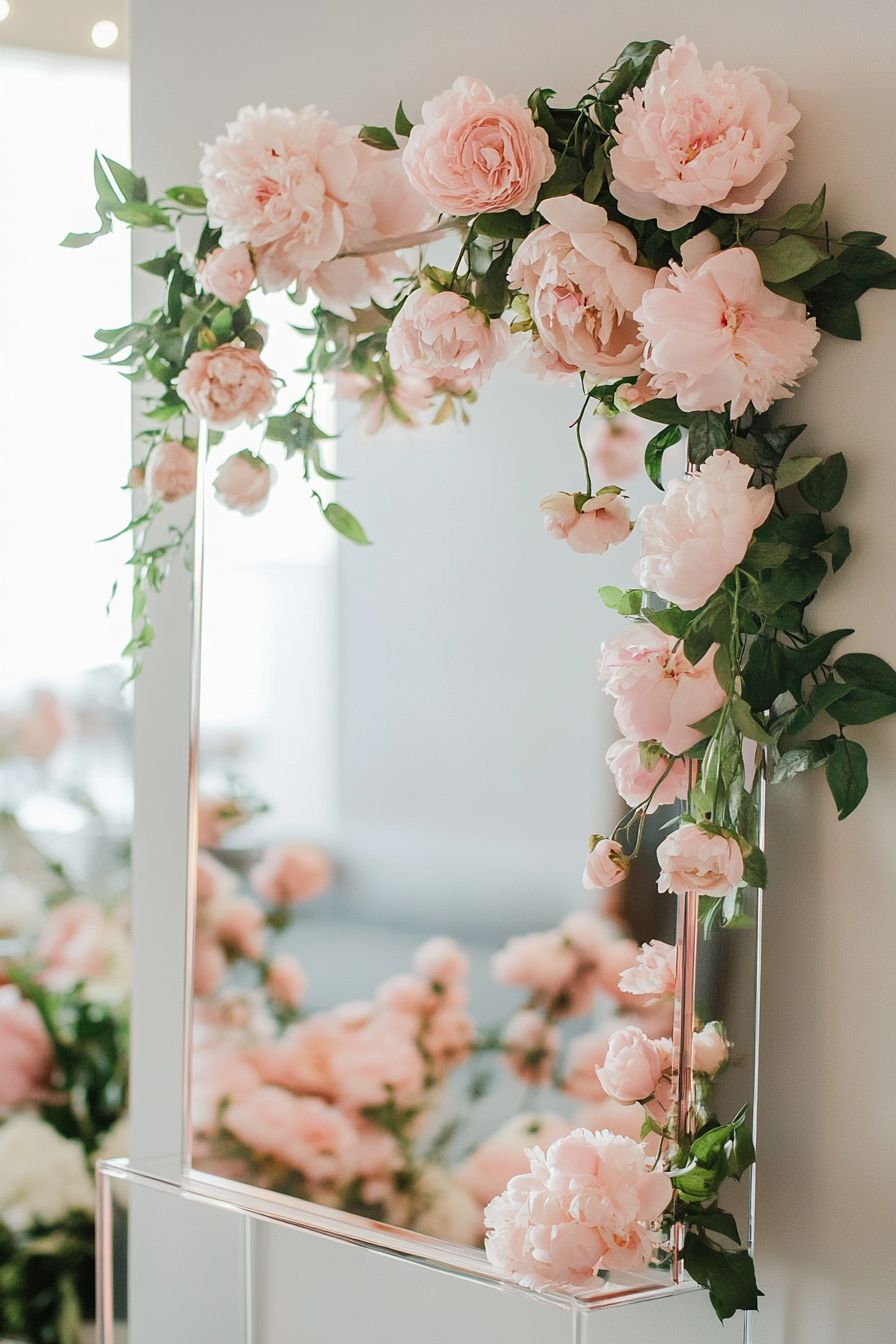 Wedding welcome mirror. Acrylic, adorned with soft pink peony floating flower frame.