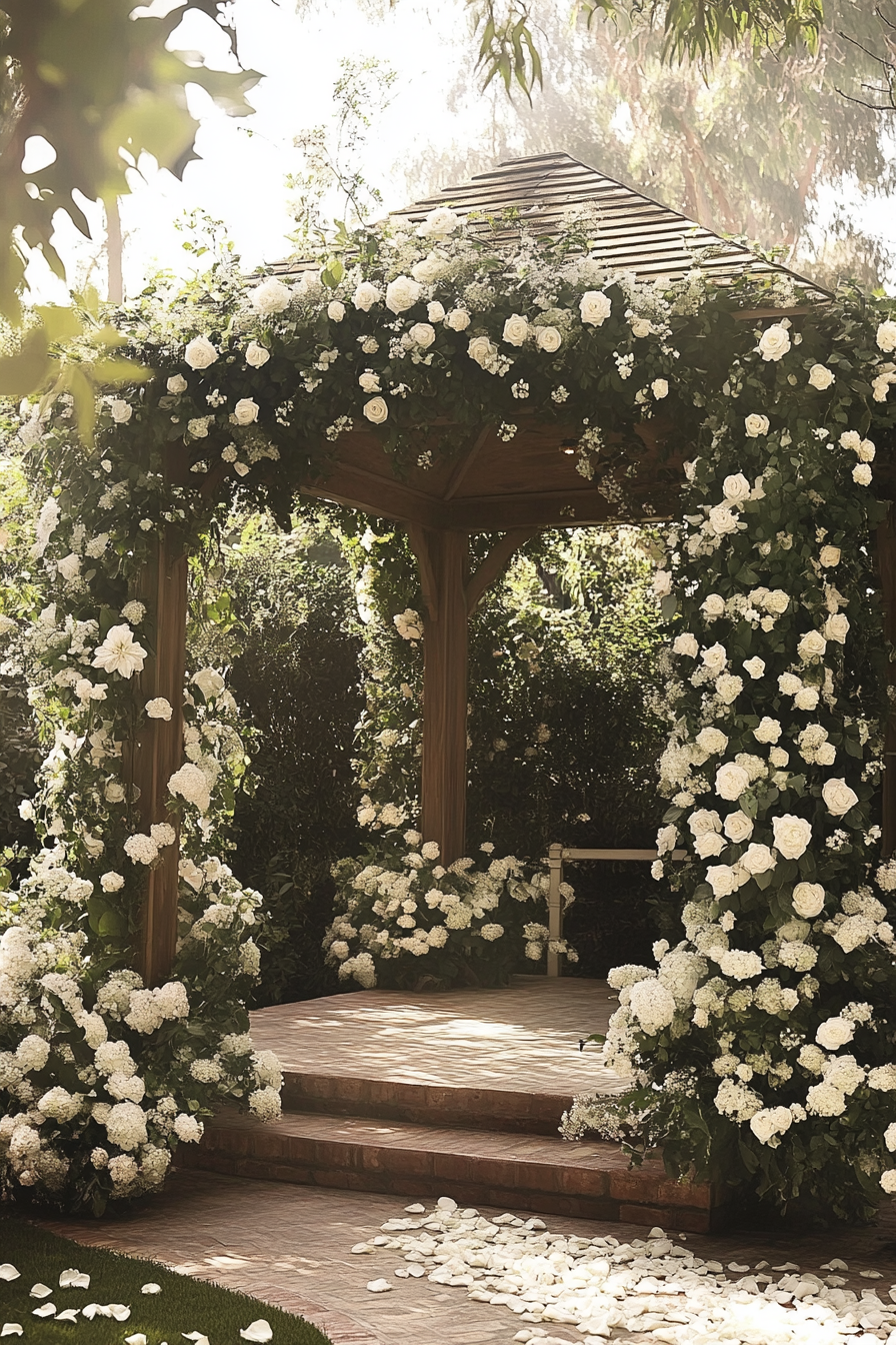 Small wedding venue concept. Outdoor gazebo adorned with white blooms and green vines.