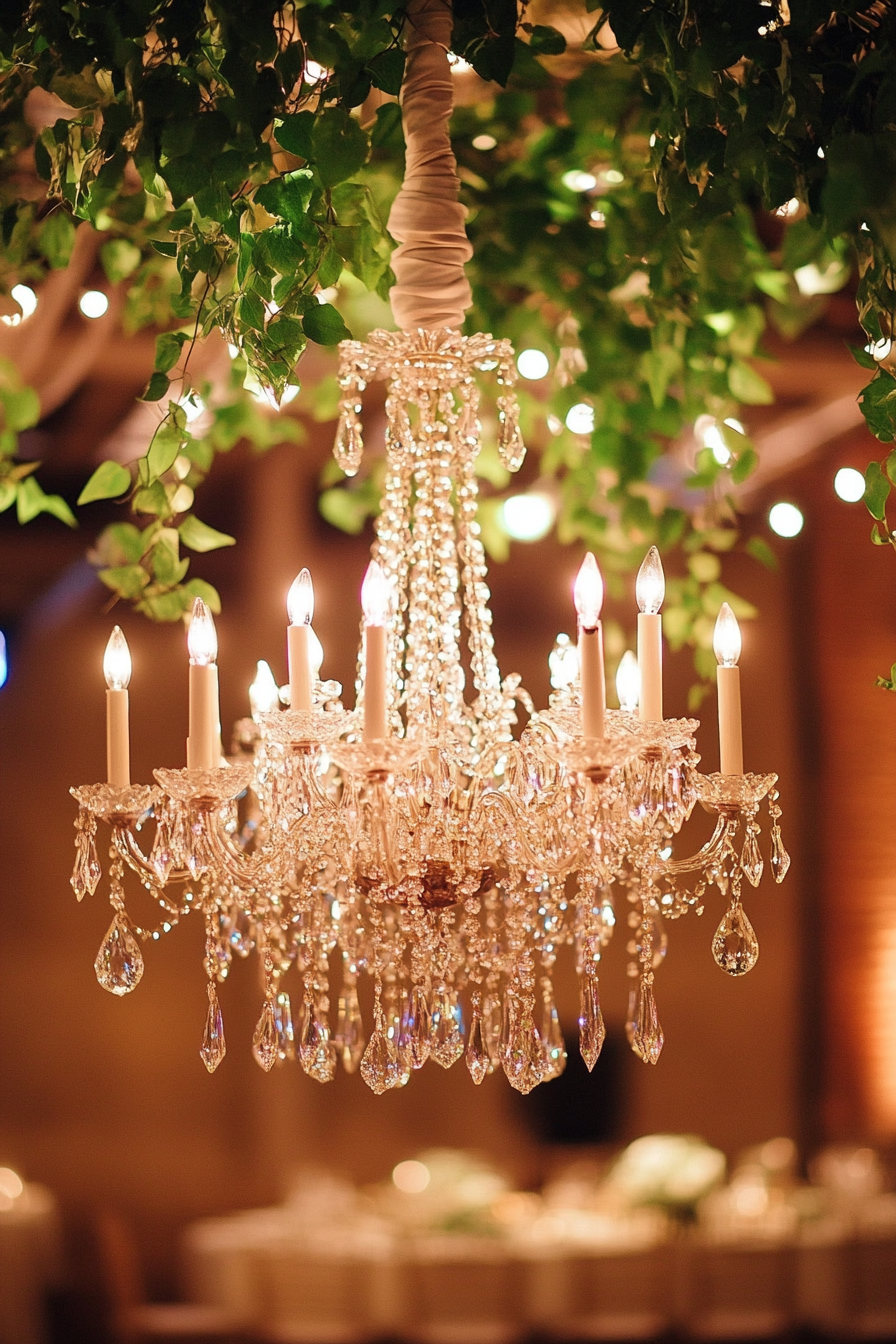 Wedding Reception Lighting. Crystal chandelier ensnared by dew-kissed ivy vines.