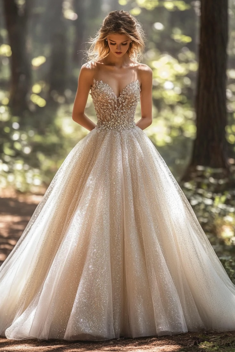 Wedding ballgown. Glittering tulle with crystal-draped bodice.