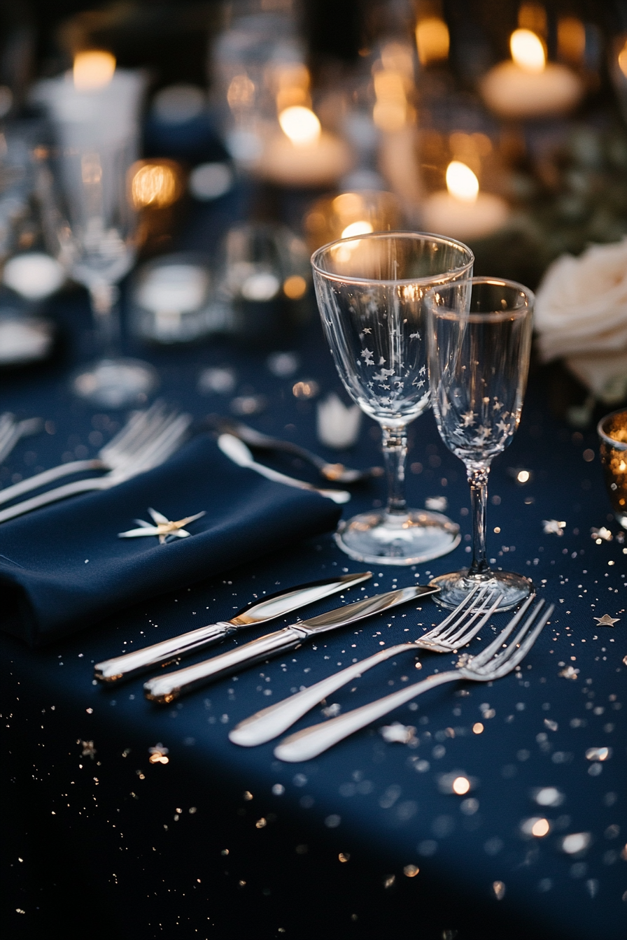 Wedding table. Midnight blue tablecloth with silver star scatterings.