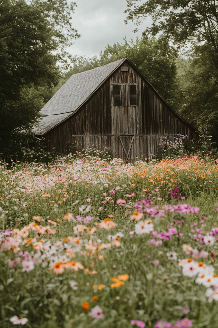 Small wedding venue concept. Aged barn surrounded by wildflowers.