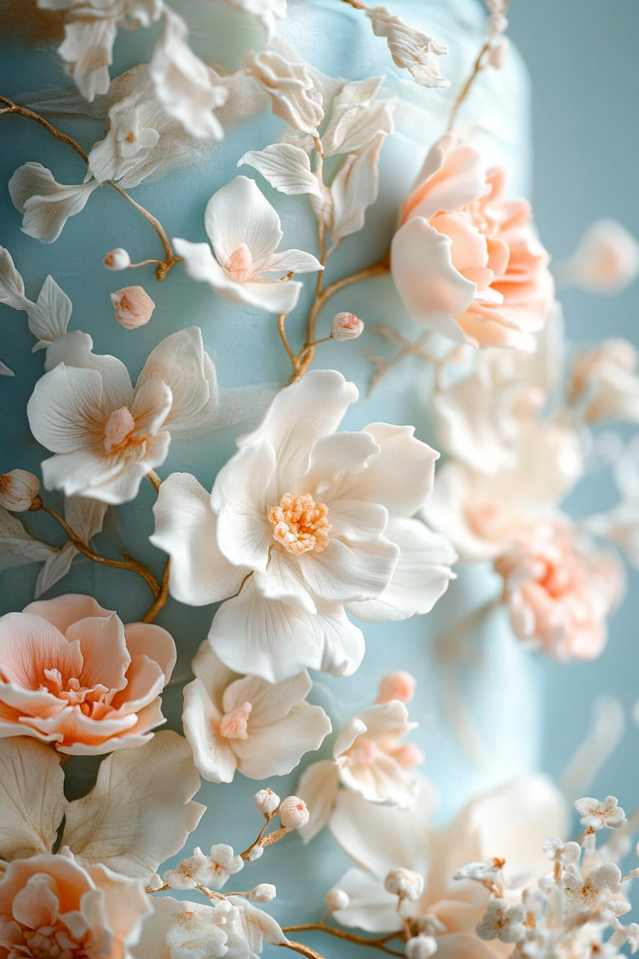 Wedding cake and stationery. Pastel florals on an ethereal blue fondant cake.