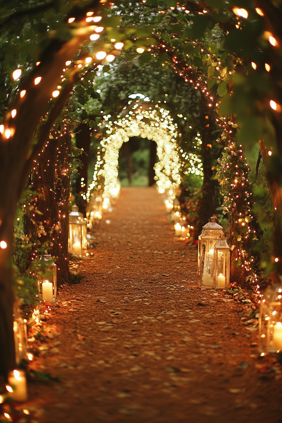 Small wedding venue concept. Enchanted forest with fairy lights.