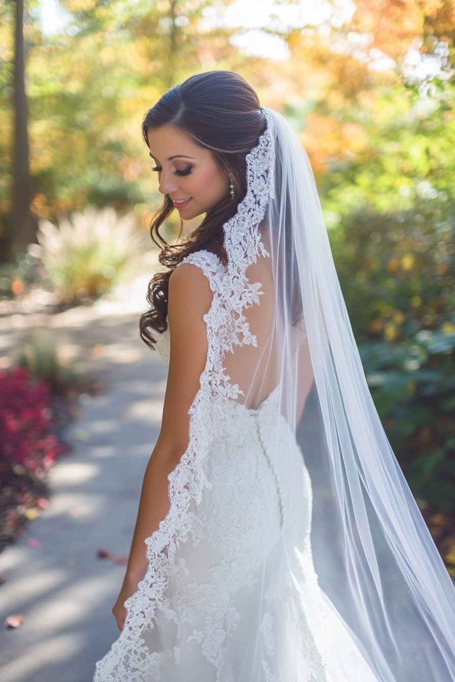 Cathedral length wedding veil. Pearl-dotted lace edges and veil cap.