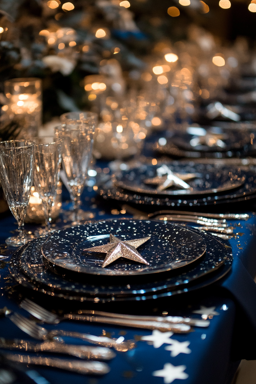 Wedding table. Midnight blue platter, silver star-shaped confetti.