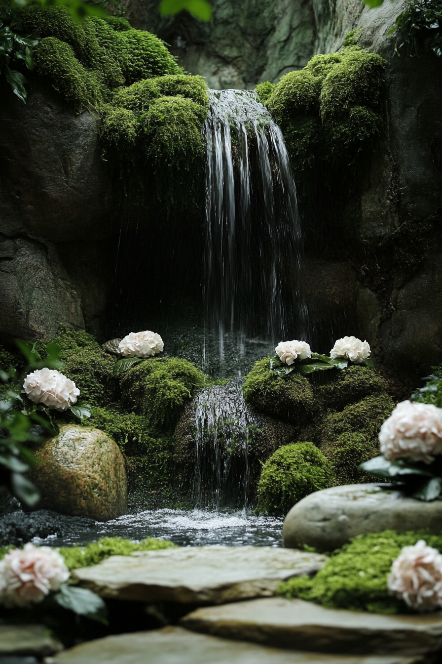 Small wedding venue concept. Waterfall backdrop with moss-covered stones.