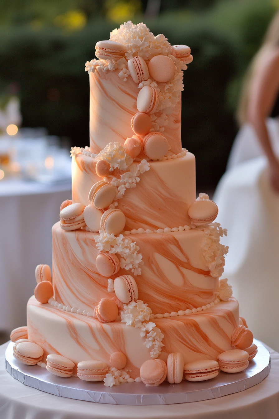 Wedding cake. Blush marble fondant with cascading delicate macaron cascades.