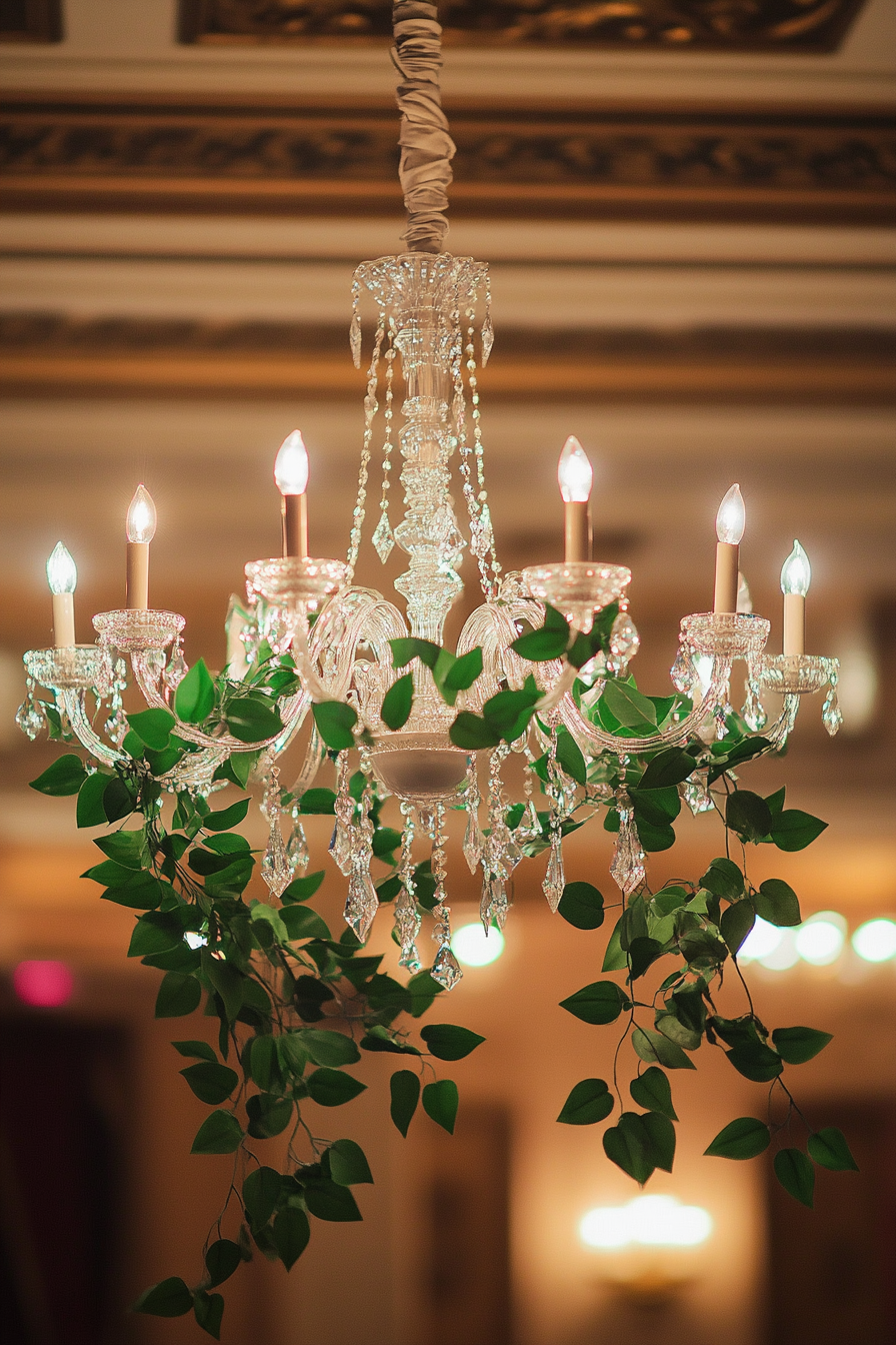 Wedding reception decor. Crystal chandelier entwined with jungle green vines.