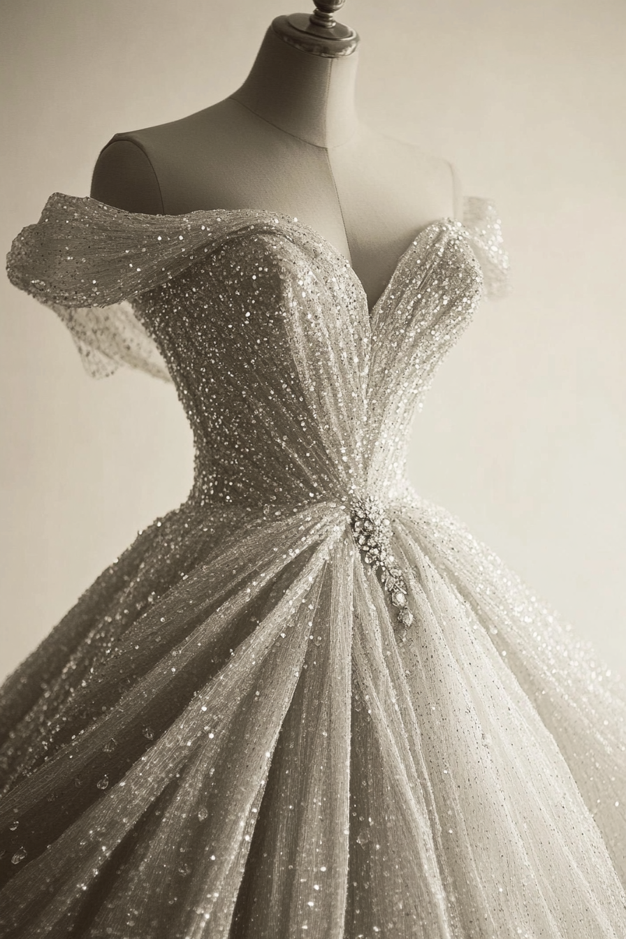 Wedding ballgown. Silver glittering tulle with crystal-draped off-shoulder look.