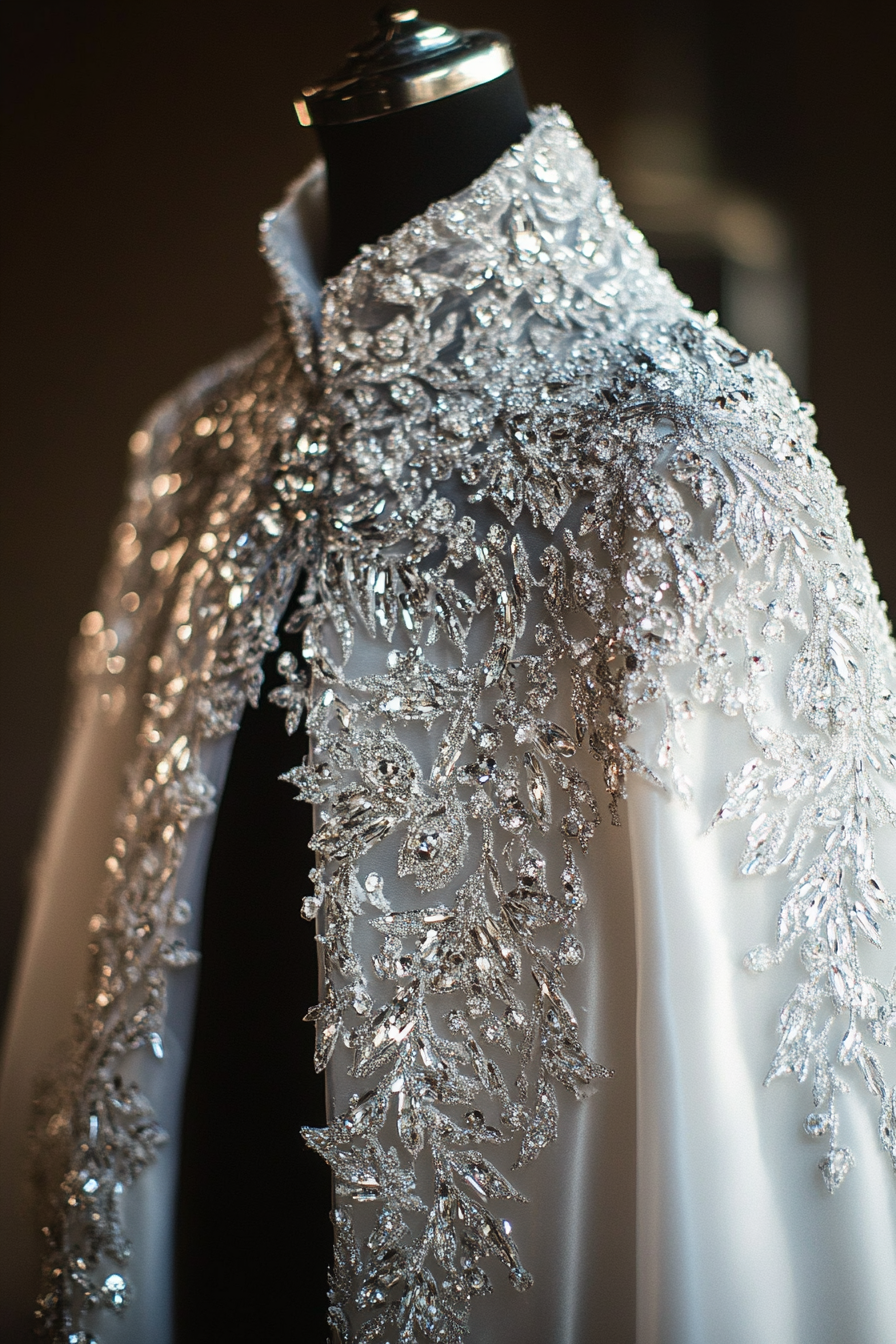 Wedding cape. Shimmering white pearlescent, ice crystal detailing.