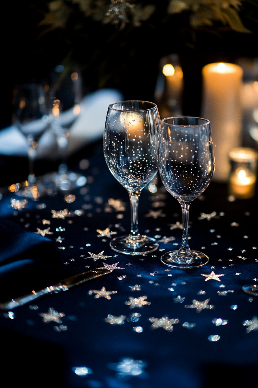 Wedding table. Midnight blue tablecloth with silver star confetti.