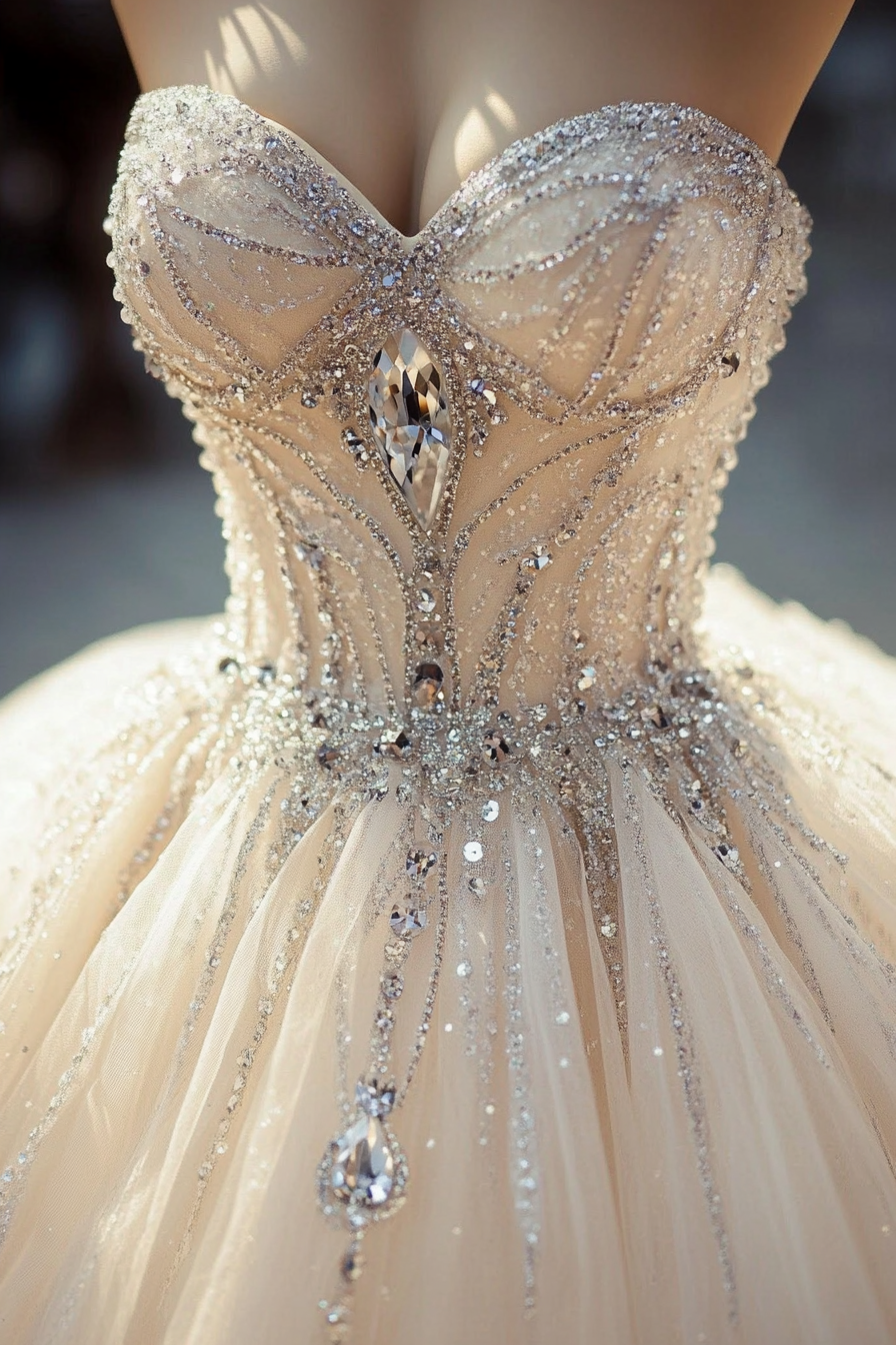 Wedding ballgown. Glittering tulle with crystal-draped corset.