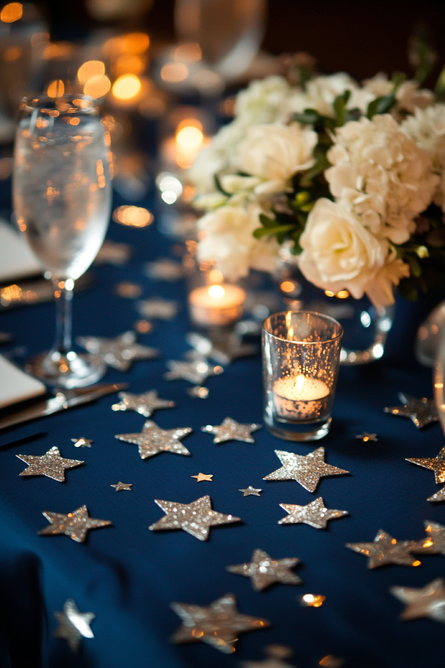 Wedding table. Midnight blue tablecloth with silver star-shaped confetti.