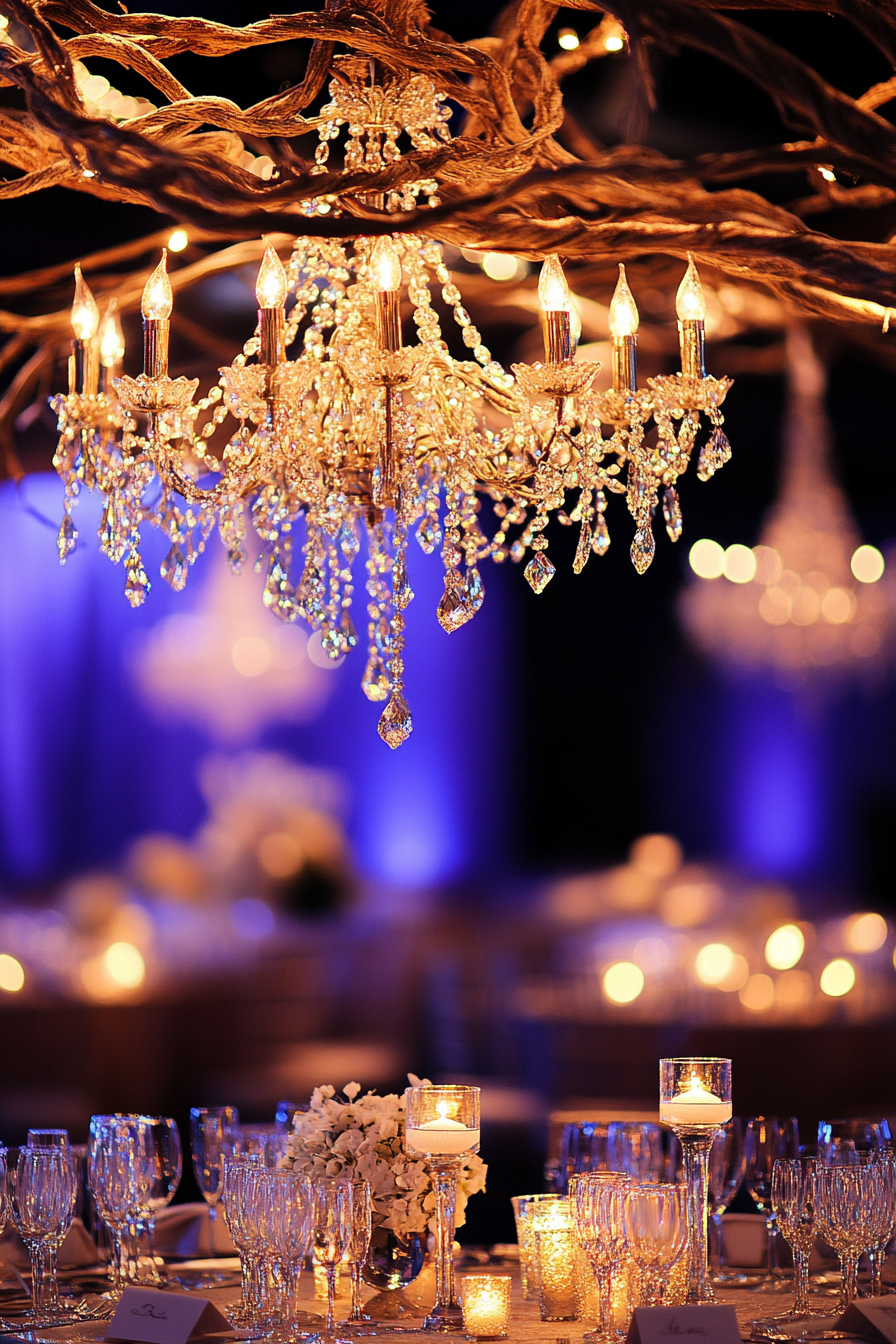 Wedding reception lighting. Crystal chandelier with golden twisted vine canopy.