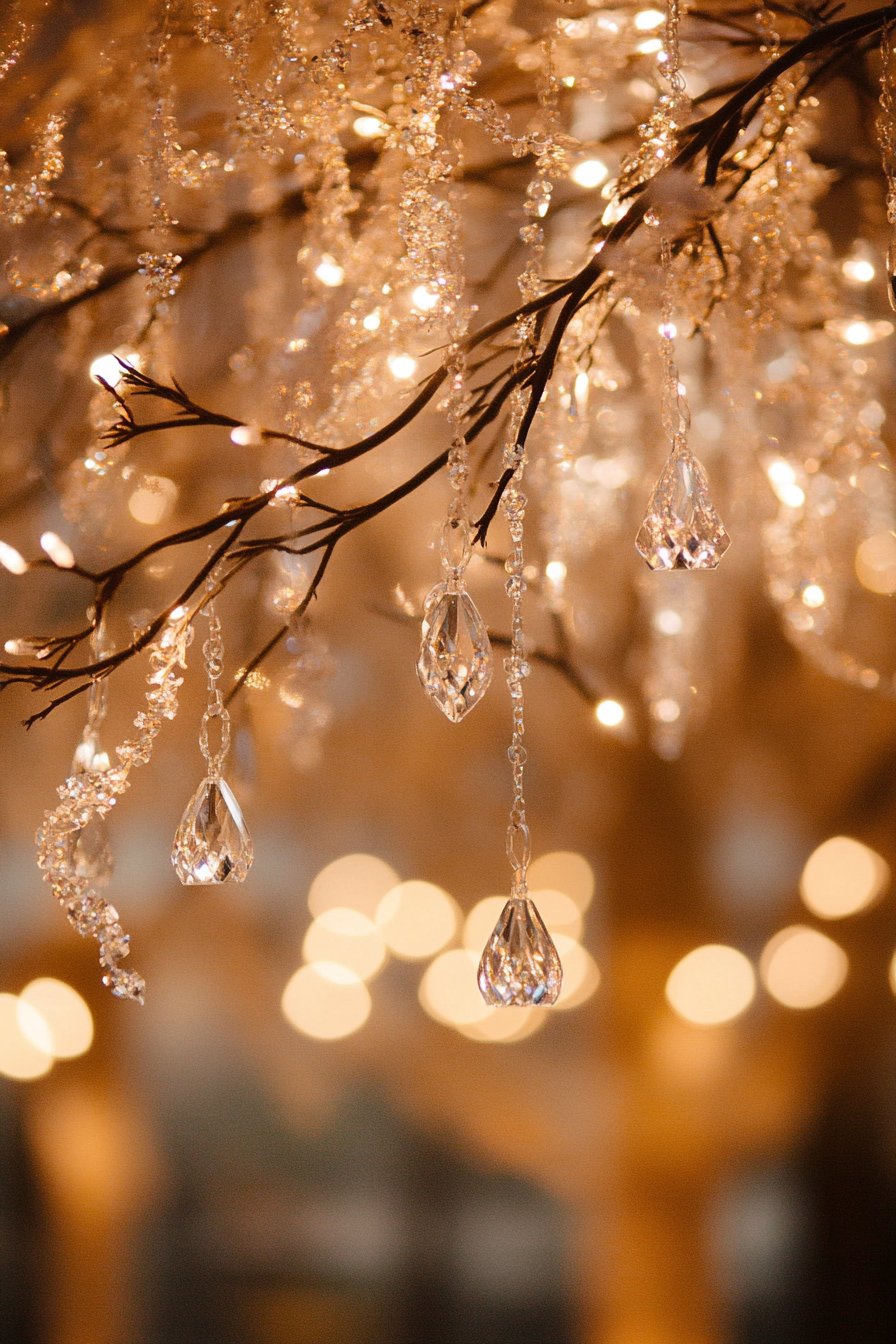 Wedding reception décor. Crystal chandelier entwined with twisting vine illumination.