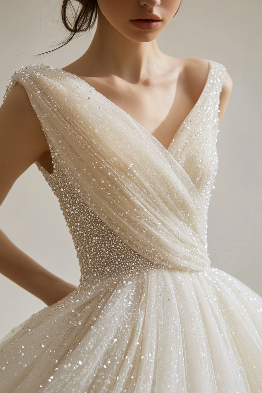 Wedding ballgown. Glittering tulle with draped crystal bodice.