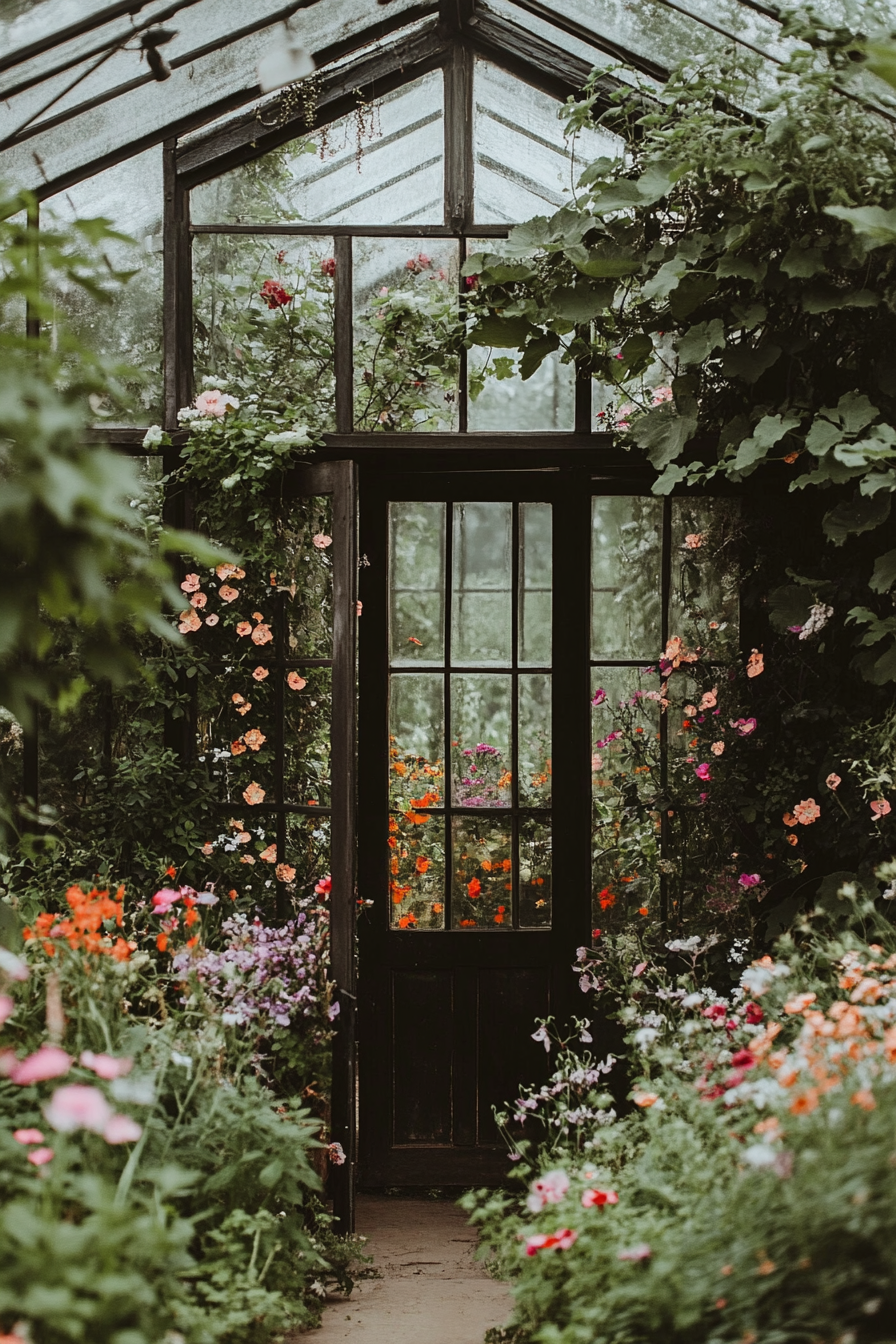 Small wedding venue concept. Greenhouse encompassing wildflowers and ivy.