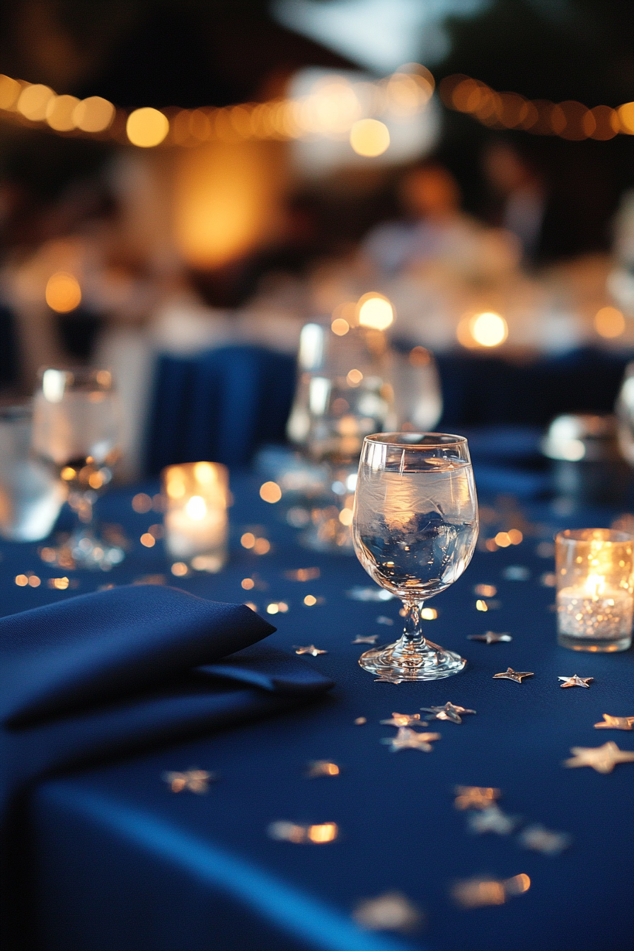 Wedding table. Midnight blue tablecloth with scattered silver stars.