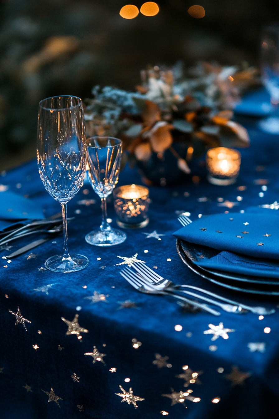 Wedding table. Midnight blue tablecloth with silver stars scattered over.