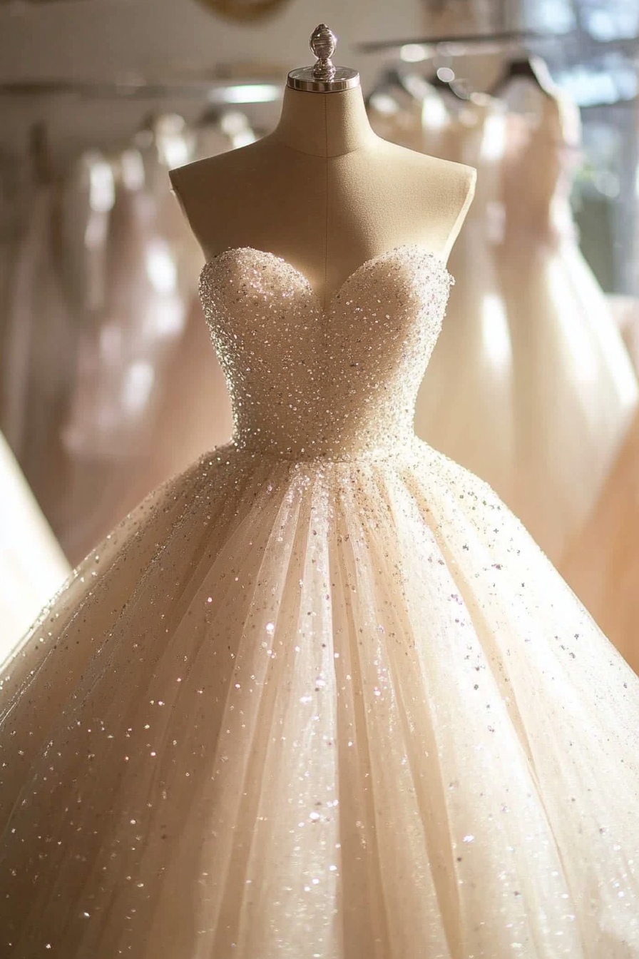 Wedding ballgown. Glittering tulle, strapless with scattered crystal drapery.