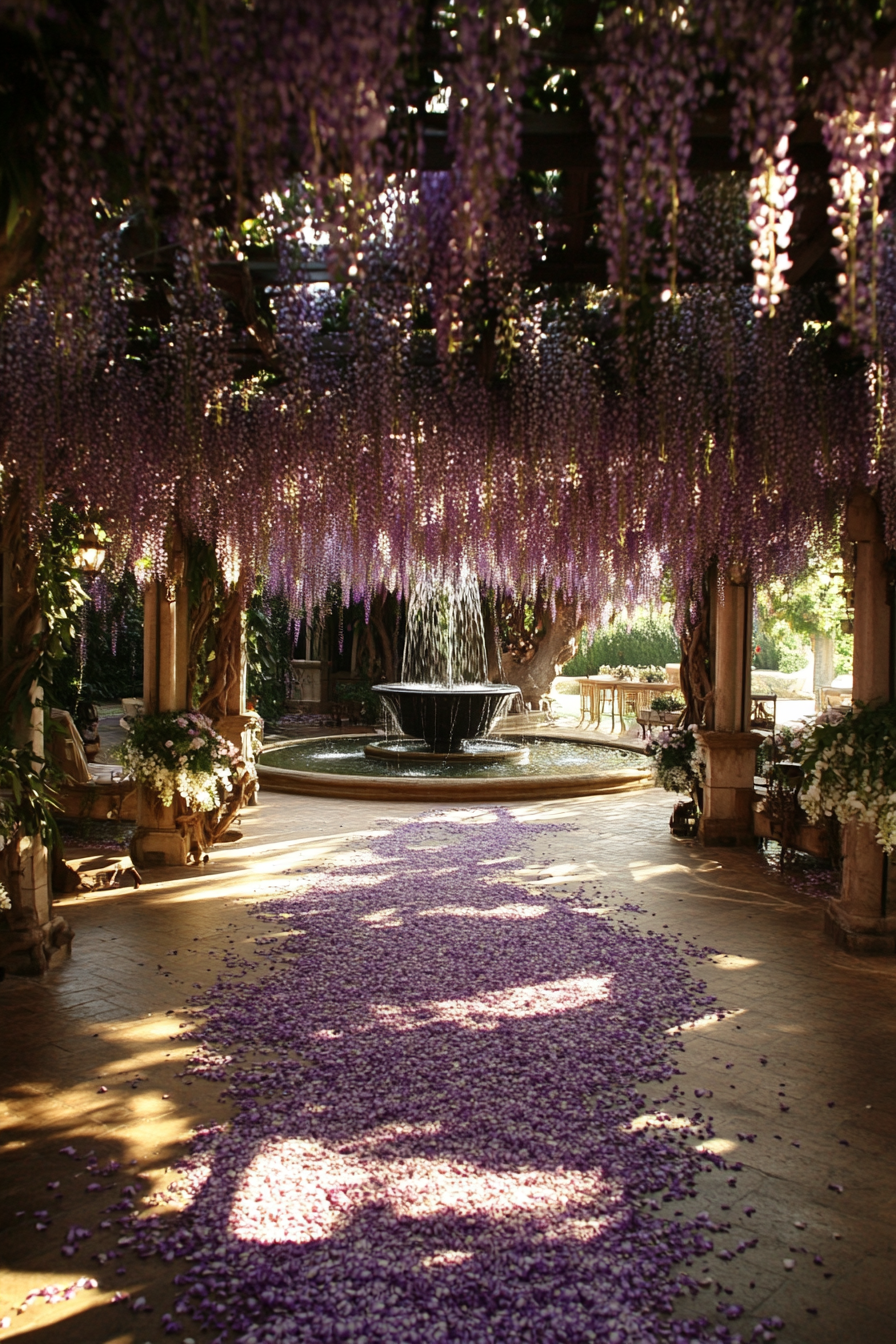 Wedding reception layout. Oval pergolas covered in wisteria petals over metallic fountains.