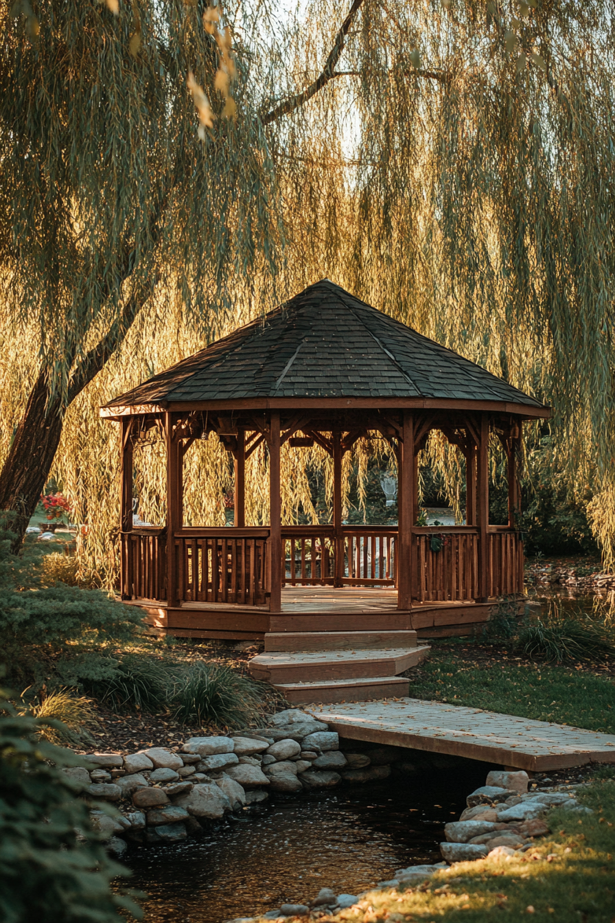 Small wedding venue. Creekside gazebo under weeping willows.