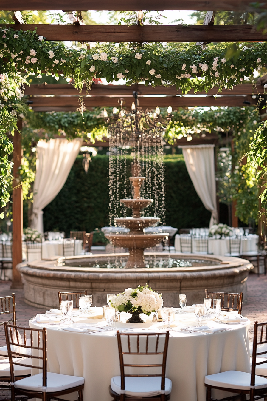 Wedding reception layout. Pergola draped with honeysuckle overlooking a Roman-style fountain.