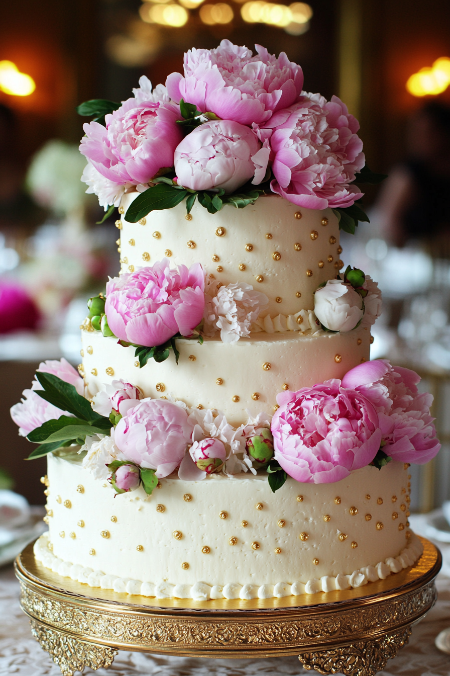 Wedding cake and stationery. Soft pink peonies atop a gold-flecked ivory cake.