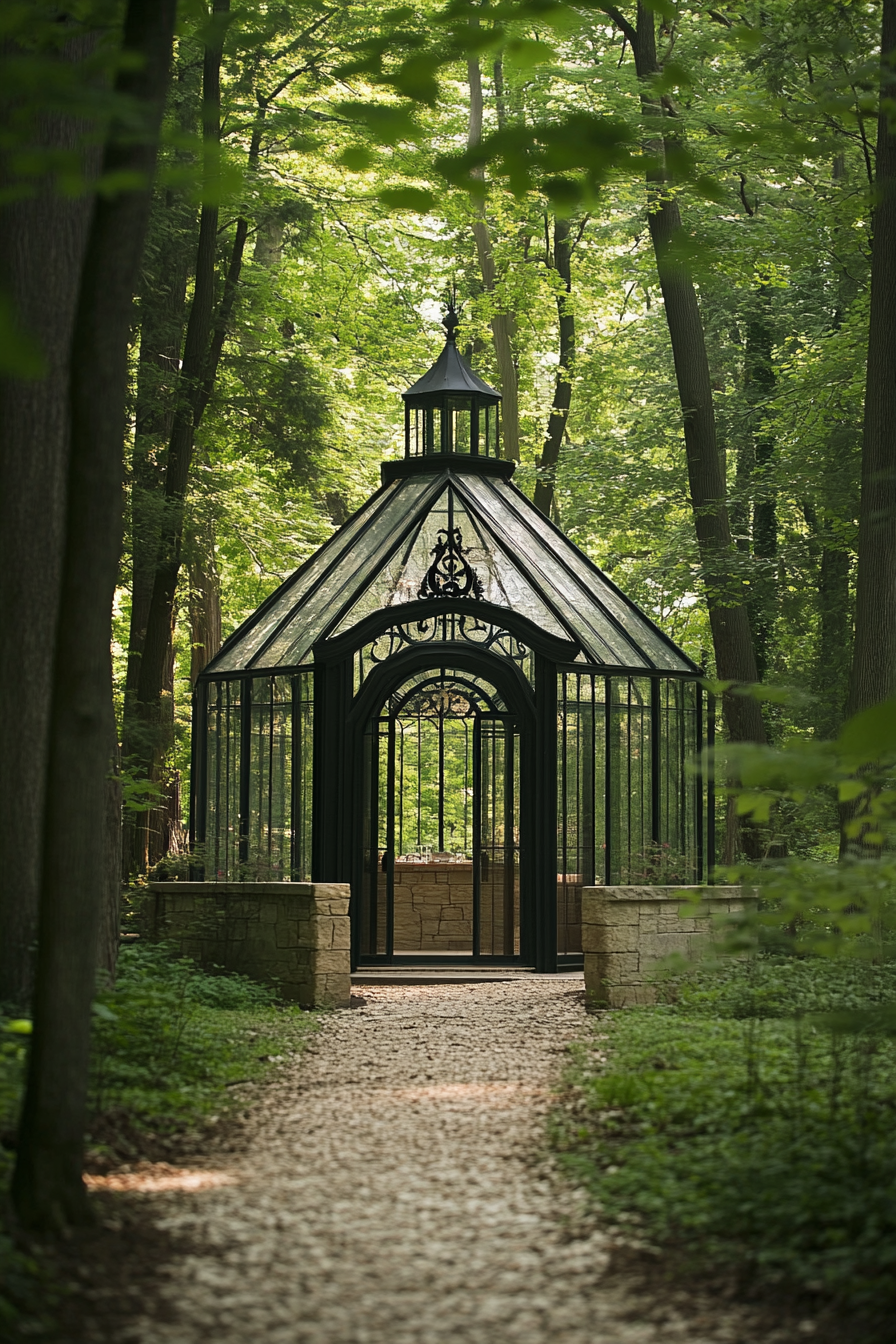 Small wedding venue concept. Glasshouse encased within dense woodland.